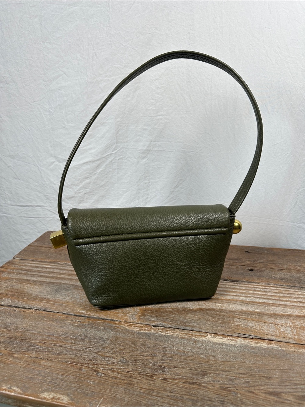 Structured Olive Shoulder Bag with Gold Accent - Picture 2 of 7